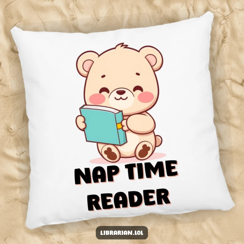 Funny Bear Cub pillow featuring a cute illustration of a character offering a book, designed for comfort and adding humor.