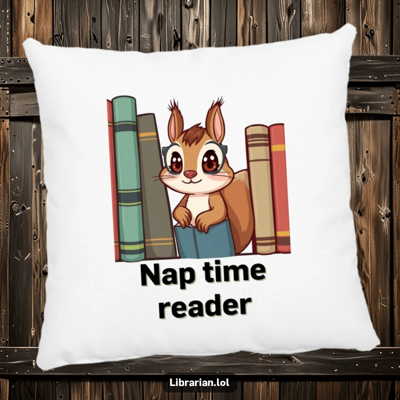 Funny squirrel librarian pillow, soft and cozy design featuring a curious squirrel, perfect for reading chairs.
