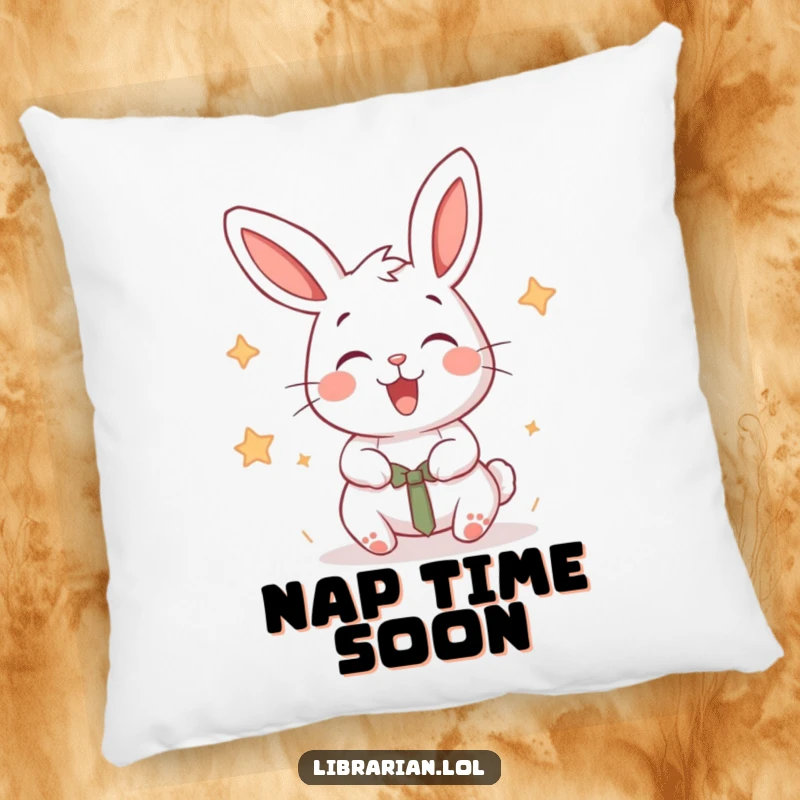 Funny delighted rabbit stamping books with a happy, energetic flourish, on a decorative pillow.