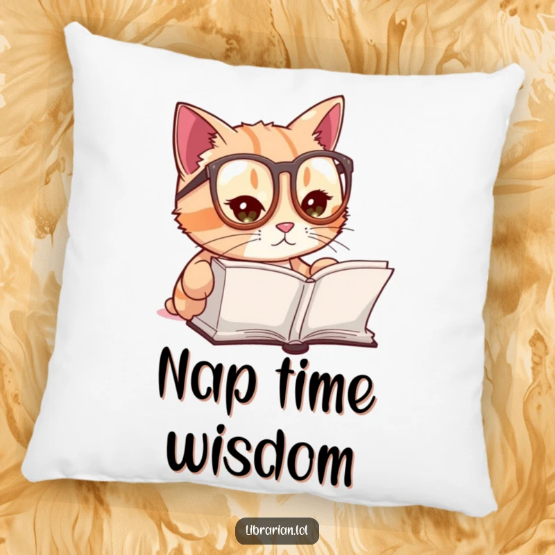 Funny pillow featuring a cute cat wearing reading glasses, focused on an open tome, perfect for adding comfort and humor.