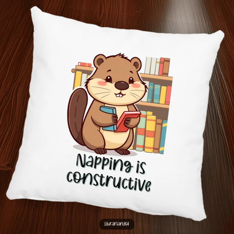 A soft pillow featuring a determined beaver tidying bookshelves, bringing comfort and a sense of order to reading spaces.