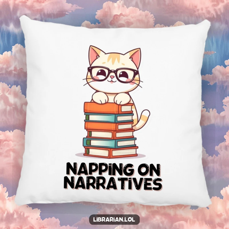 Funny pillow featuring a smiling cat in glasses, precariously balancing a tower of books, bringing cozy literary charm indoors.