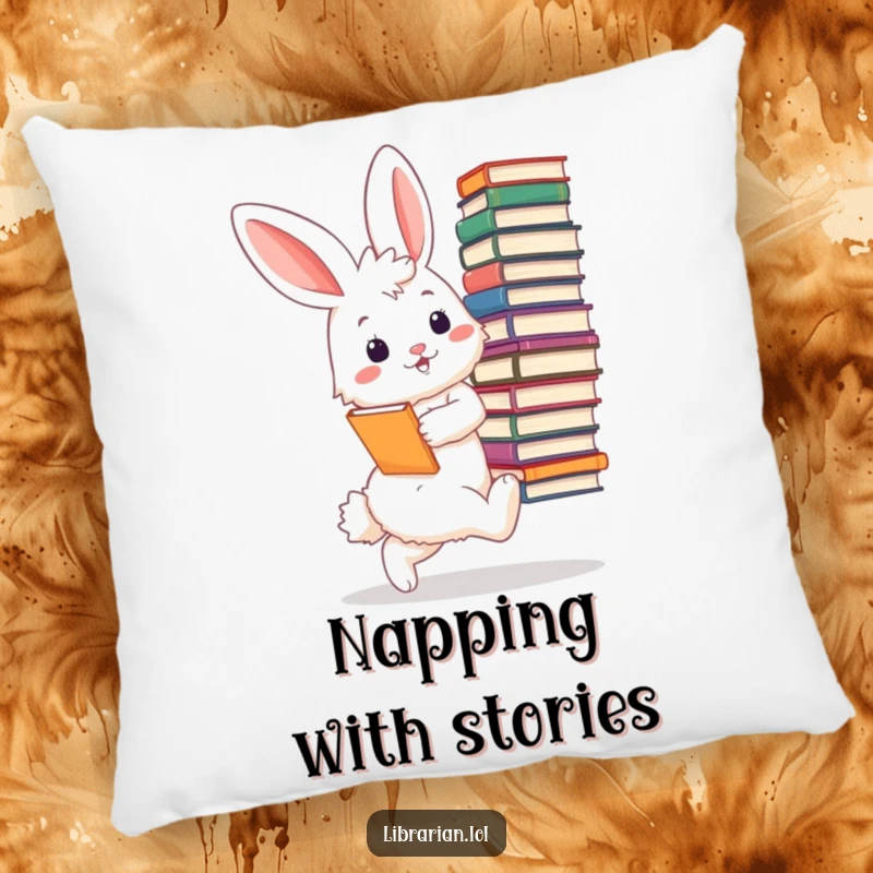 Funny bunny librarian pillow, soft and decorative, a fluffy bunny tiptoeing with a stack of enormous books, looking very pleased and content.