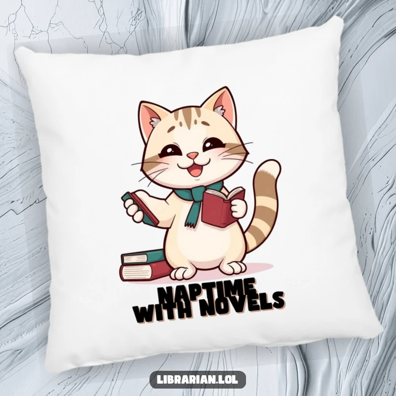 Funny pillow: A joyful cat librarian balances books, offering comfort and laughs, a funny gift for relaxation.