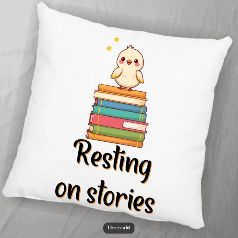 Funny pillow with a happy bird sitting on a stack of books, providing comfort and cheerful literary decor.