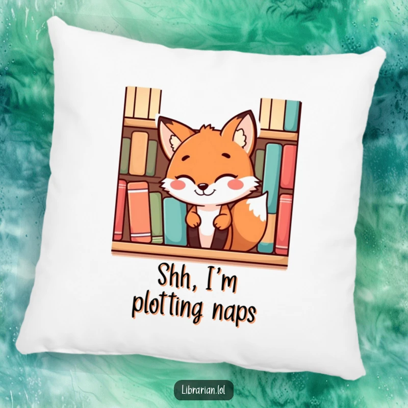 Funny playful fox with a mischievous grin peeking from behind a bookshelf, on a soft pillow for cozy reading nooks.