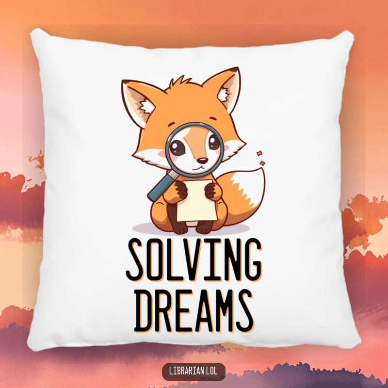 Funny pillow featuring a fox with a magnifying glass examining a note, ideal for cozying up and pondering.