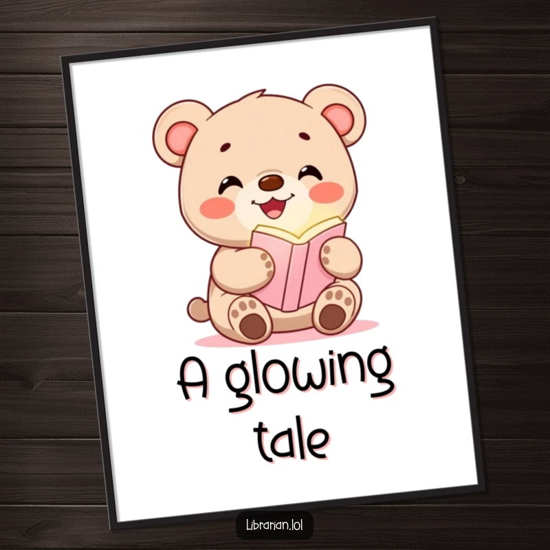 Funny digital art print of a happy bear cub holding a glowing bookmark, perfect for instant whimsical decor.