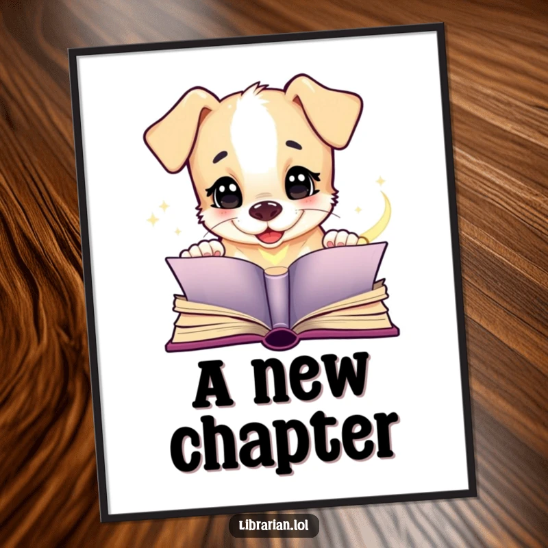 Funny puppy digital art print, giggling at an open magical book, a whimsical and humorous piece of wall decor.