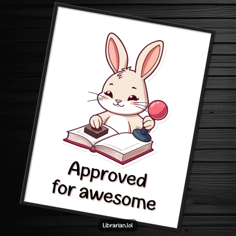 Funny determined bunny stamping a book with a stamp pad, as digital art for instant organized home decor.