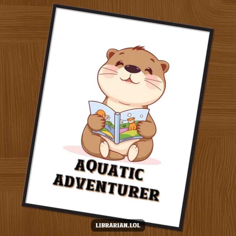Funny digital art print of a sweet otter enthusiastically showing a picture book, instant whimsical decor for kids.