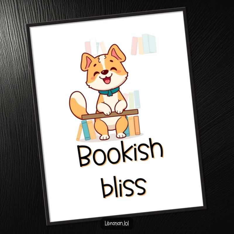 Funny Digital Art: Happy dog librarian wagging tail, organizing books on a high shelf, printable decor.