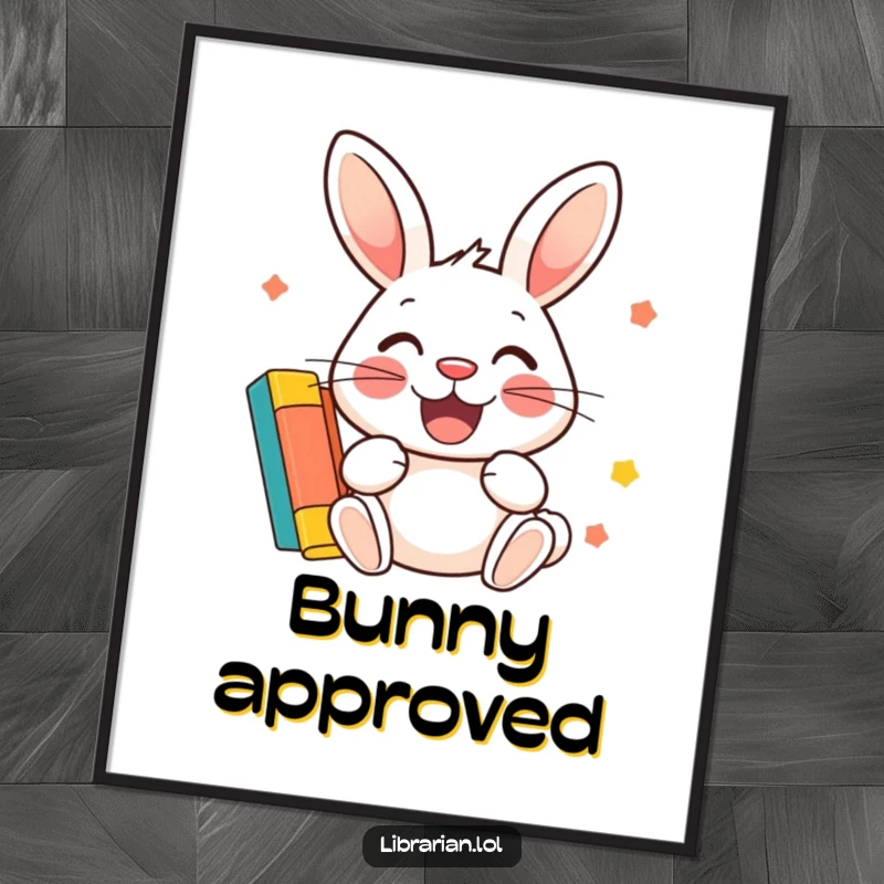 Funny Digital Art Print: A cheerful rabbit with a wide smile stamps a colorful library card.