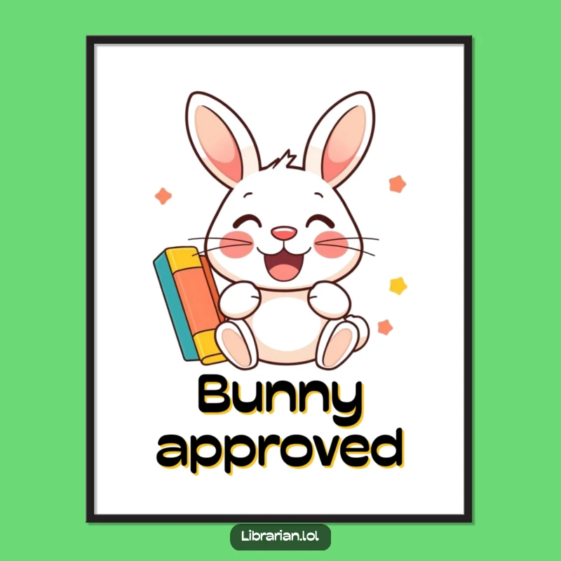 Funny Rabbit Library Digital Print: Happy Rabbit Stamps Card, Instant Bookish Art!