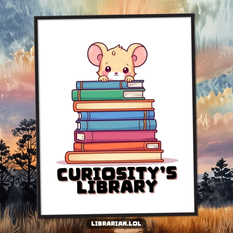 Funny tiny mouse peeking curiously over a towering stack of books as a digital art print.