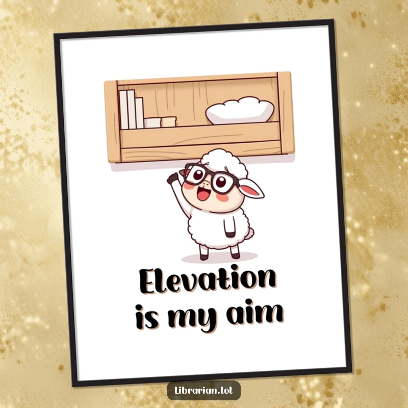 Funny Digital Art Print of a happy cartoon sheep wearing glasses, looking up at a high shelf and excitedly reaching, perfect for inspirational decor.