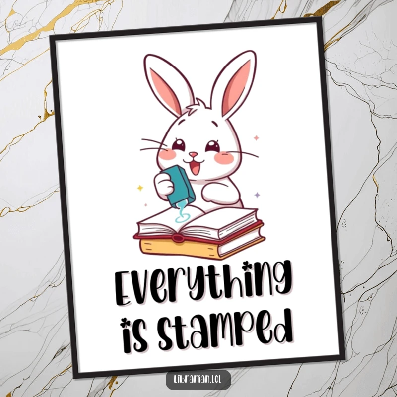Funny cheerful rabbit enthusiastically stamping books with a rubber stamp, as a digital art print download.
