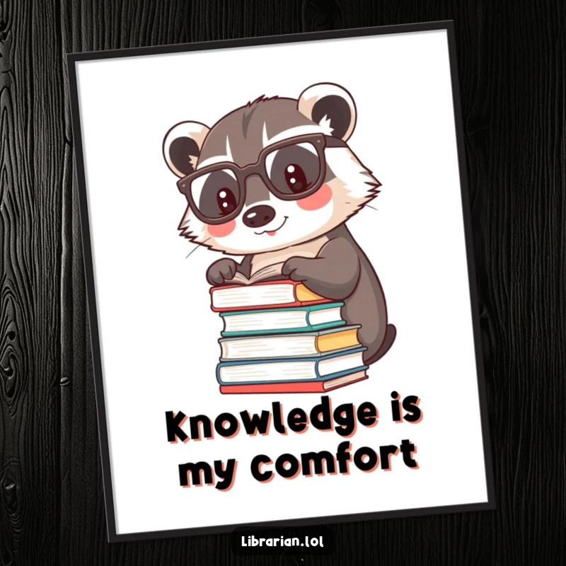 Funny happy badger wearing reading glasses, patting a stack of books, as a digital art print download.