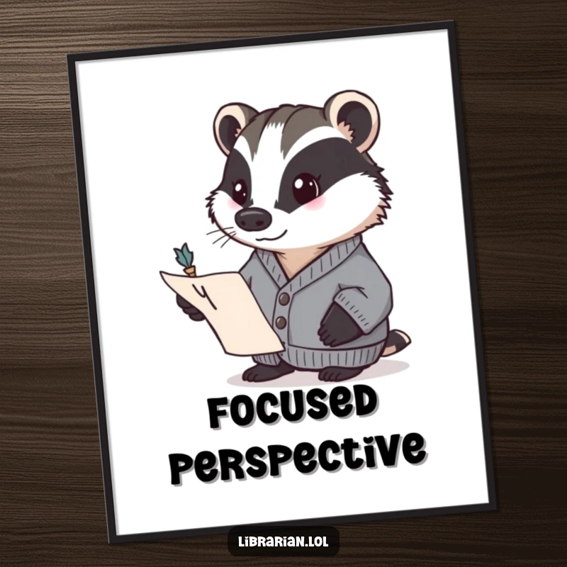 Funny badger in a cardigan, determinedly pointing to a page with a quill. High-resolution humorous digital art, funny gift.