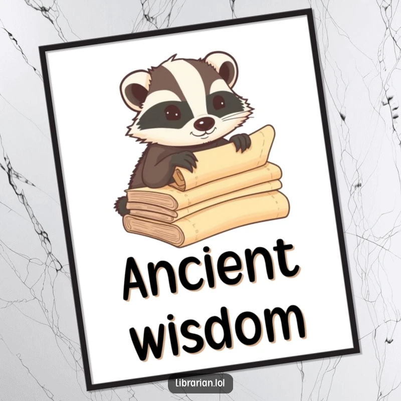 Funny badger digital art print, whispering secrets into ancient scrolls, a mysterious and humorous piece of wall decor.