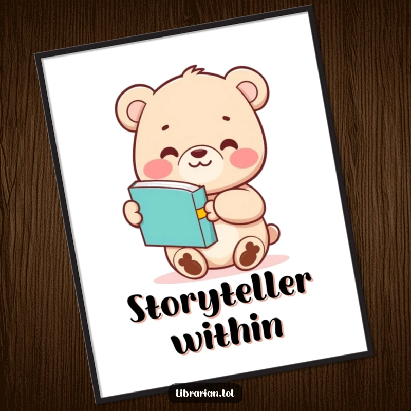 Funny Bear Cub digital art print of a smiling character extending a book, perfect for instant wall decor and gifts.