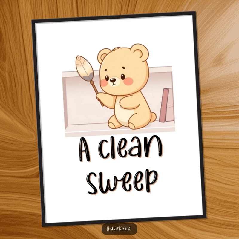 Funny bear cub digital art print, dusting a shelf with a feather duster, a charming and humorous piece of wall decor.