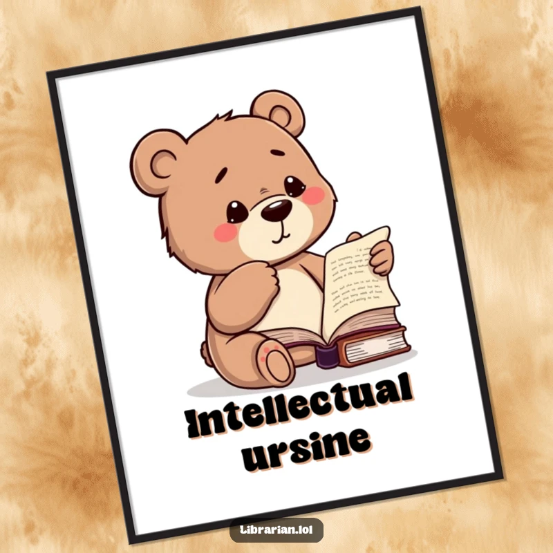 Funny digital art print of a studious bear winking and pointing to a book, instant humorous decor for readers.