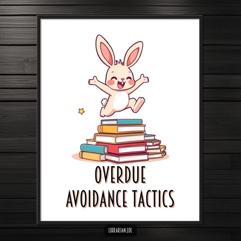 Funny Bunny Digital Art Print: A vibrant print of an energetic bunny joyfully leaping over a small pile of overdue books.