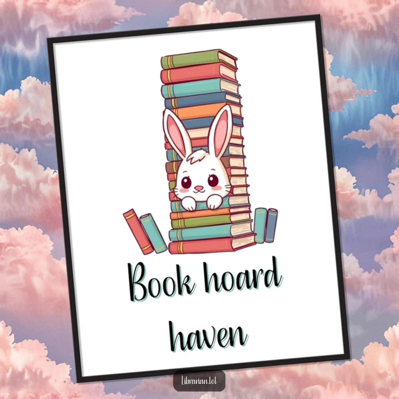 Funny curious bunny digital art print hiding behind encyclopedias, ready to hang for instant charm.