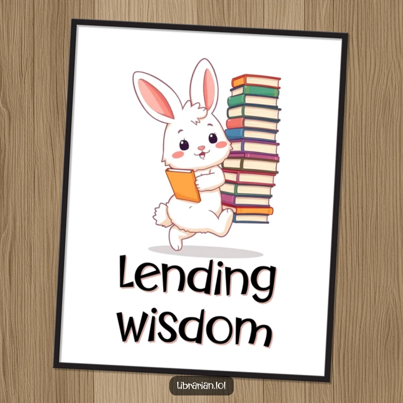 Funny bunny librarian digital art print, instant download, a fluffy bunny tiptoeing with a stack of enormous books, looking very pleased.