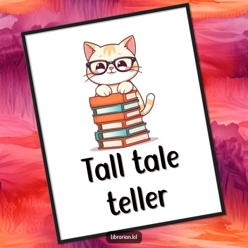 Funny digital art print of a smiling cat with glasses precariously stacking books, perfect for instant book-themed decor.