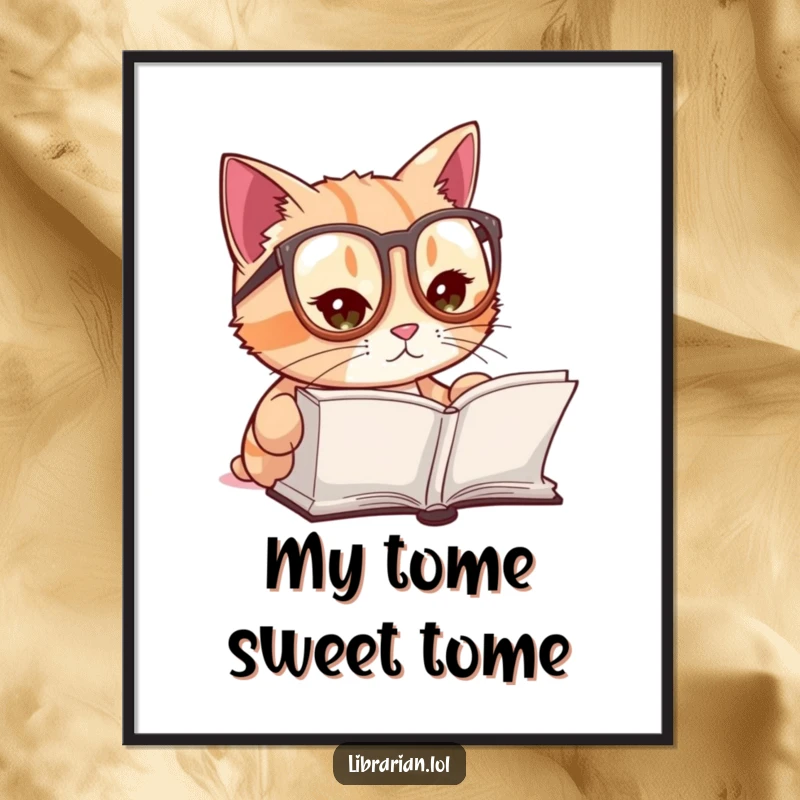 Funny digital art print of a cute cat wearing reading glasses, gazing intently at an open book, evoking intellectual charm.
