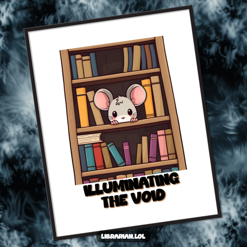 Funny curious mouse digital art print, a small rodent peeking from a giant bookshelf, offering instant literary humor and charm.