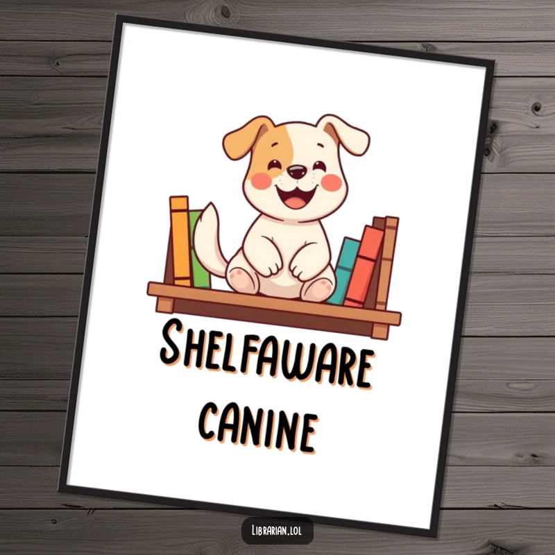 Funny digital art print of a happy dog shelving books with a wagging tail and smile, capturing helpfulness and a love for literature, a great funny gift.