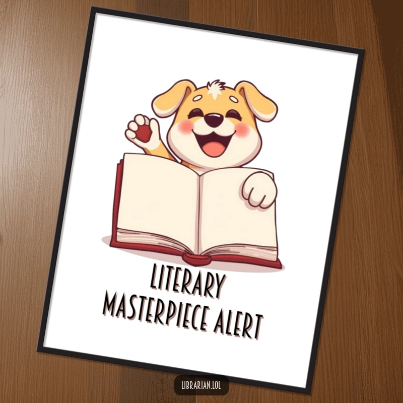 Funny dog digital art print, a happy dog stamping a large book with its paw, adding instant literary cheer and pet-themed joy.