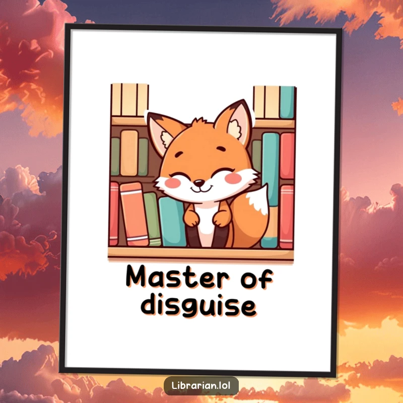 Funny playful fox with a mischievous grin peeking from behind books, as digital art for instant humorous wall decor.