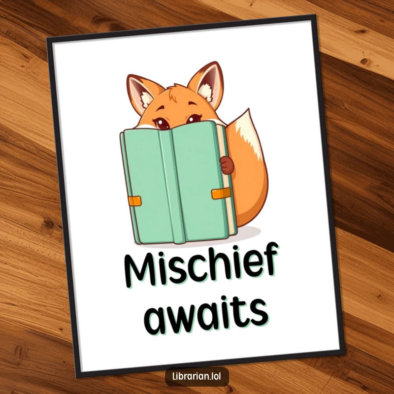 Funny digital art print: A playful fox librarian peeking from a book, a witty funny gift.