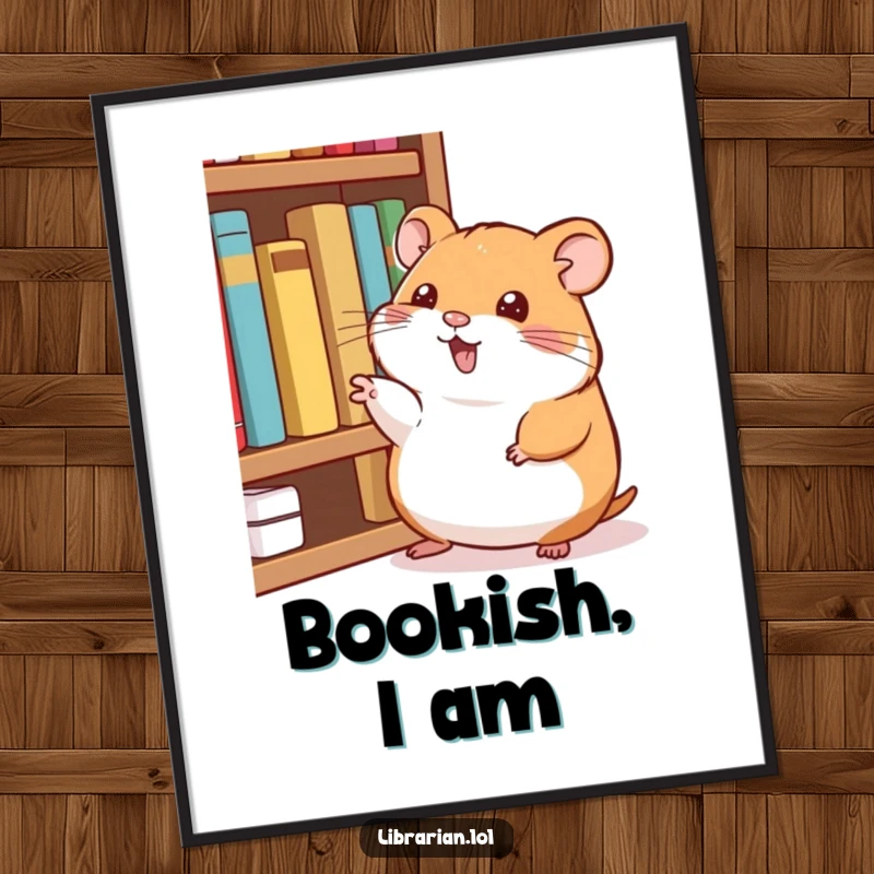 Funny Digital Art Print: A happy hamster taps its foot and points at a shelf of books, a funny library piece.
