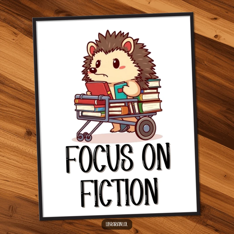 Funny Digital Art: Determined hedgehog librarian pushing a book cart, looking focused, printable decor.