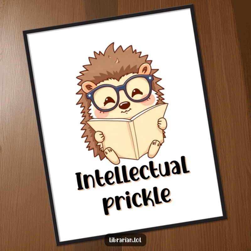 Funny digital art print of a happy hedgehog wearing reading glasses and studying a tiny scroll. Instant download for charming scholarly decor.