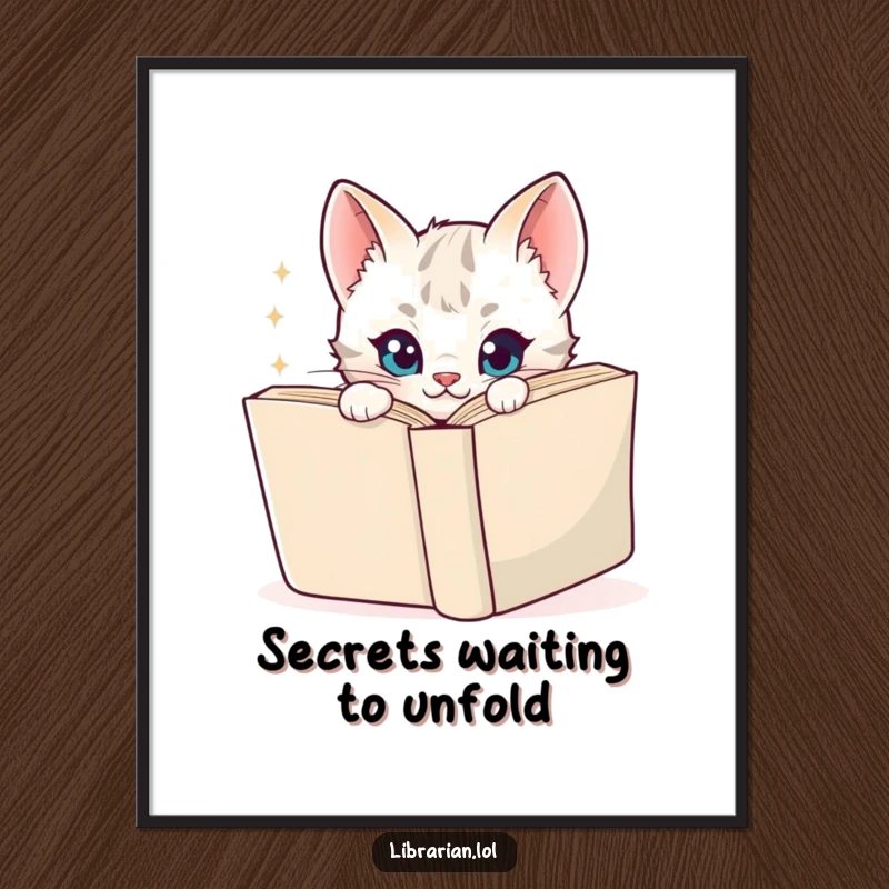 Funny Digital Art Print of a playful cartoon kitten peeking around a book, its eyes sparkling with mischief, perfect for whimsical decor.