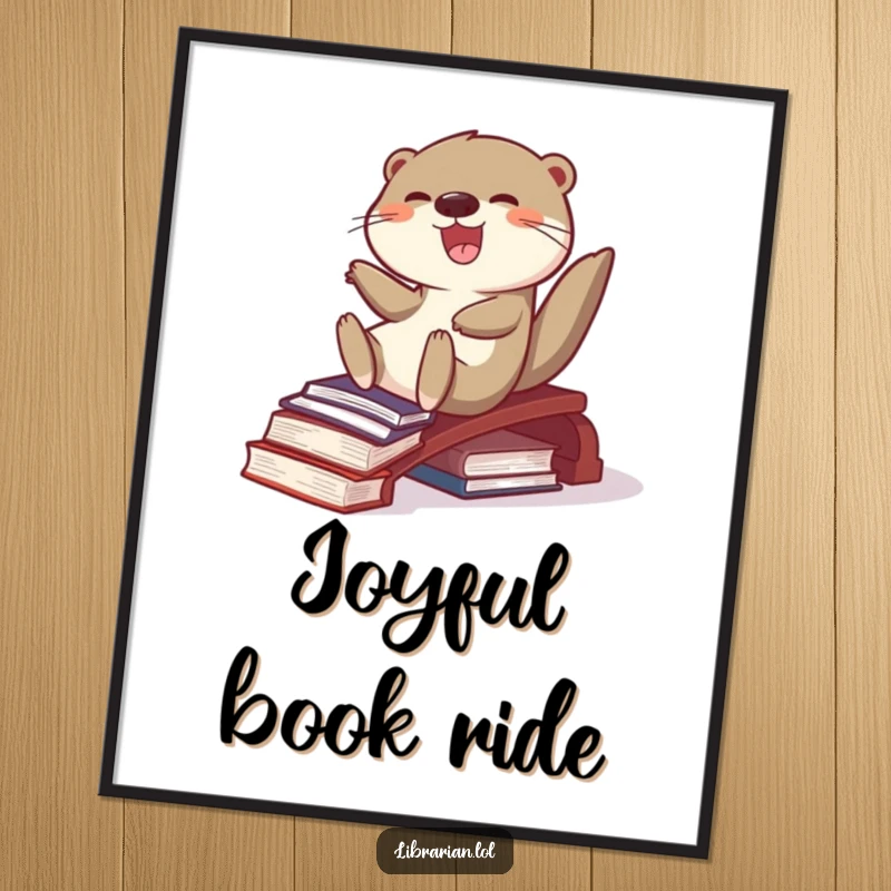 Funny joyful otter sliding down a ramp made of books, as a digital art print, adding cheerful humor to any room.
