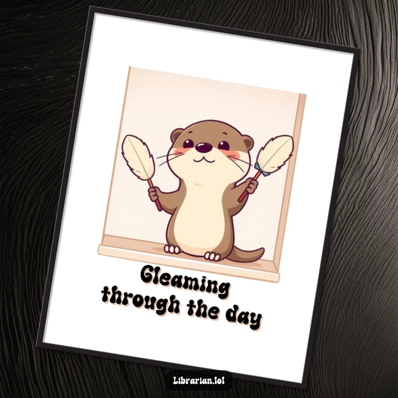 Funny Digital Art Print of a satisfied cartoon otter carefully dusting a shelf with a feather duster, perfect for a clean and cheerful home.