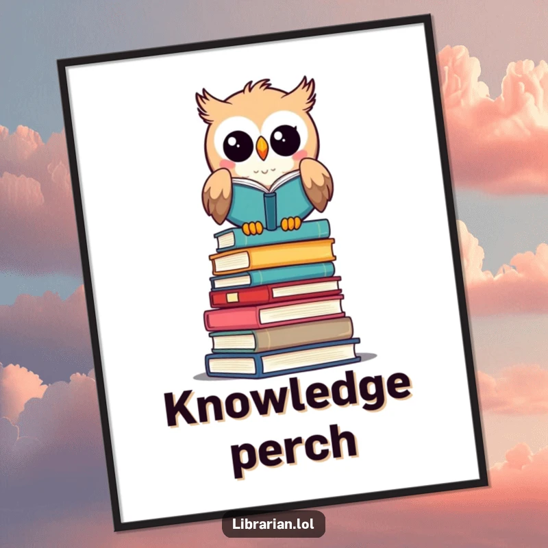 Funny digital art print: A wise owl librarian surveys books, a witty and funny gift.