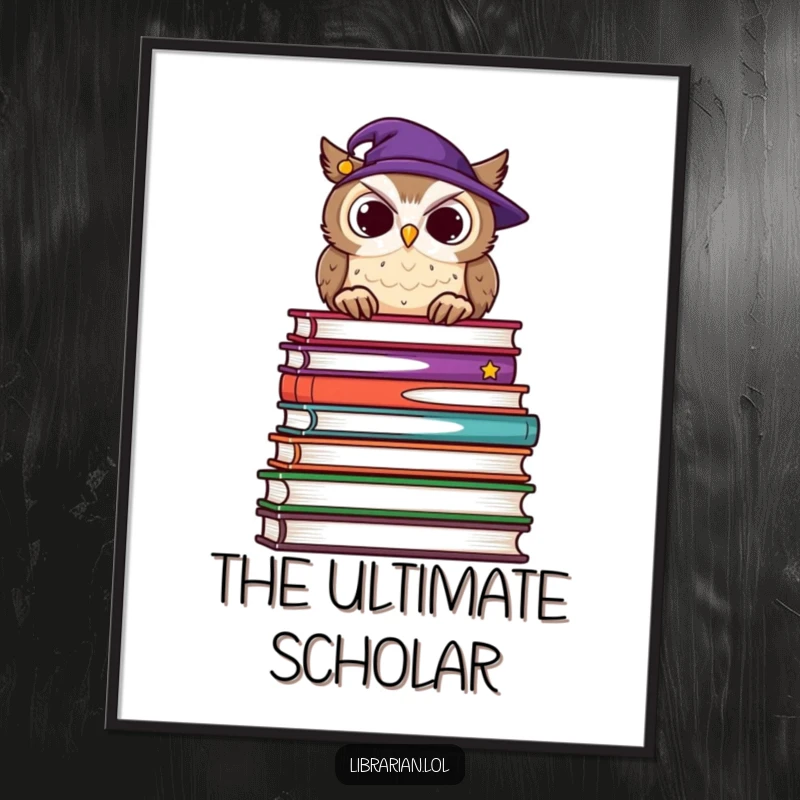 Funny digital art print of a wise owl with glasses overlooking a huge stack of books, perfect for instant intellectual decor.