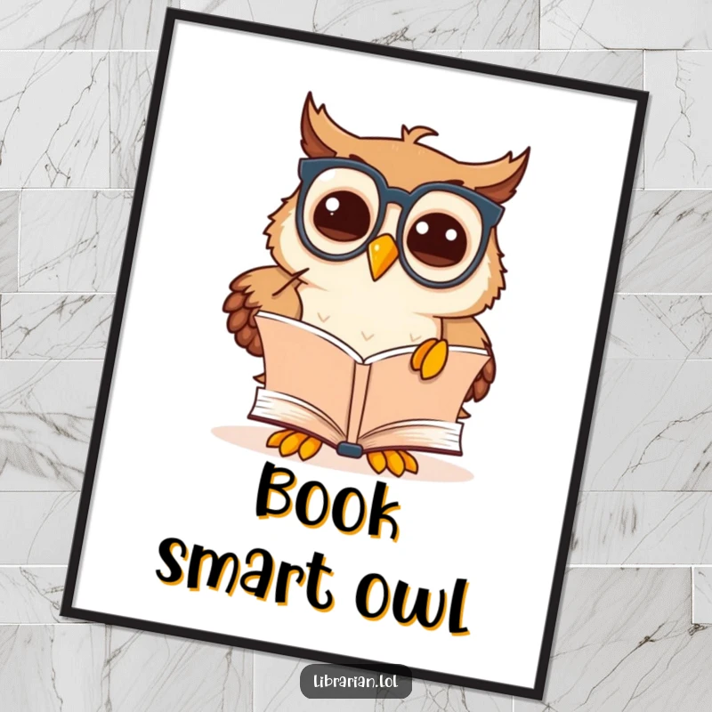 Funny owl scholar digital art print of a cute cartoon owl wearing spectacles, pointing at a book, perfect for instant art.