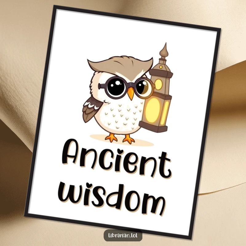 Funny Digital Art Print: A curious owl wearing spectacles peers at a glowing ancient tome.
