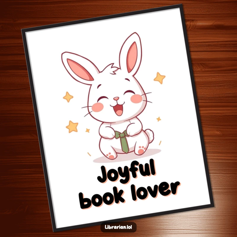 Funny cartoon rabbit joyfully stamping books with an energetic flourish, as digital art.