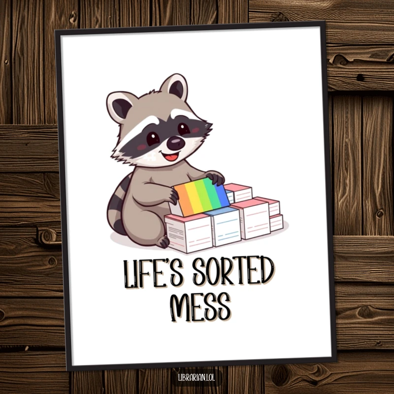 Funny digital art print of a happy raccoon delightedly sorting a rainbow assortment of index cards, perfect for inspiring order.