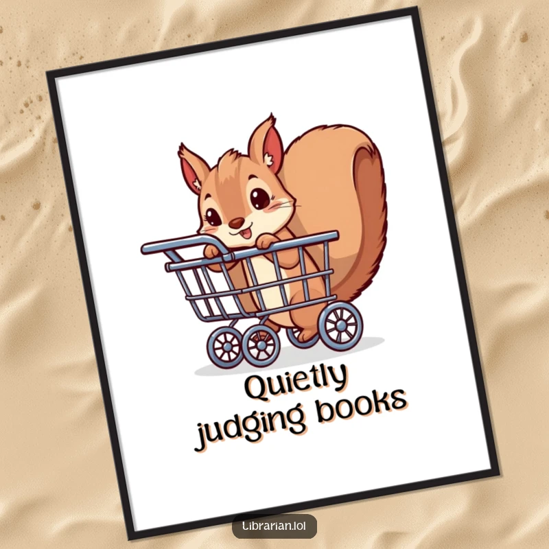Funny digital art print of a playful squirrel peeking from behind a book cart. Instant download for humorous wall decor.